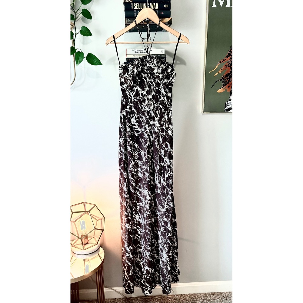 Michael Kors Silk Halter Maxi Dress Brown White Marble Print - Size 4